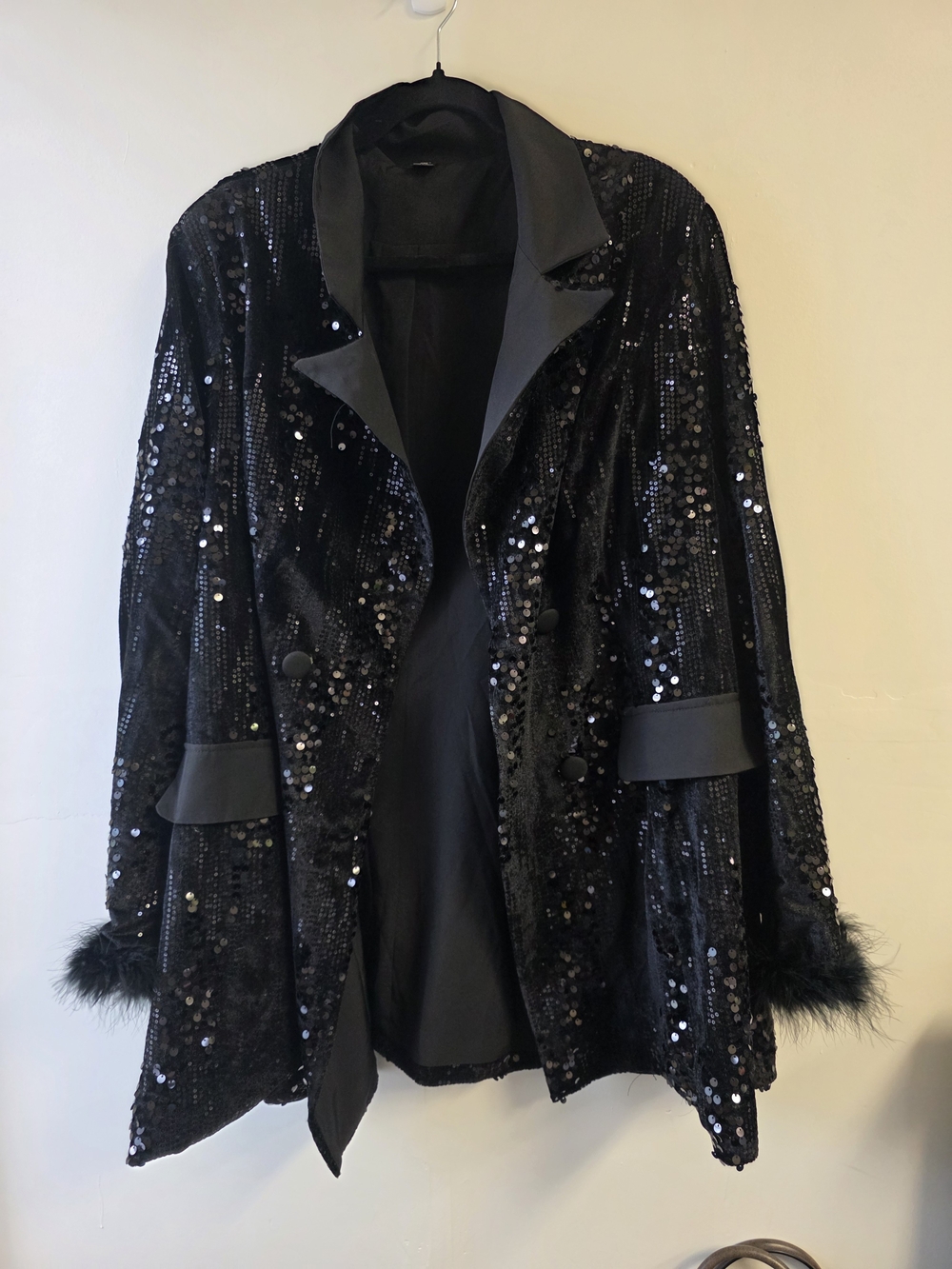 SHEIN Black Sequin Blazer with Feather Cuffs
